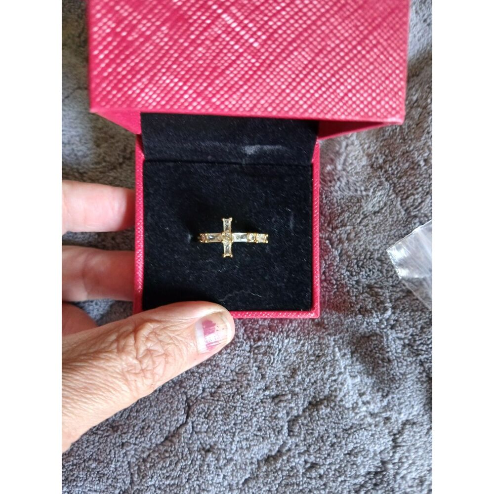 Gold Tone Cross Ring Clear Rhinestone Crystal Religious Faith Statement Ring